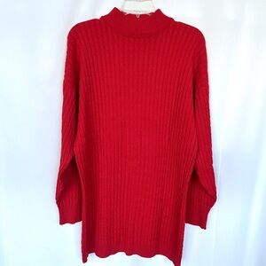 VTG LANA MERINO MOCK-NECK 100% PURE WOOL CABLE KNIT RED LONGLINE TUNIC SWEATER L